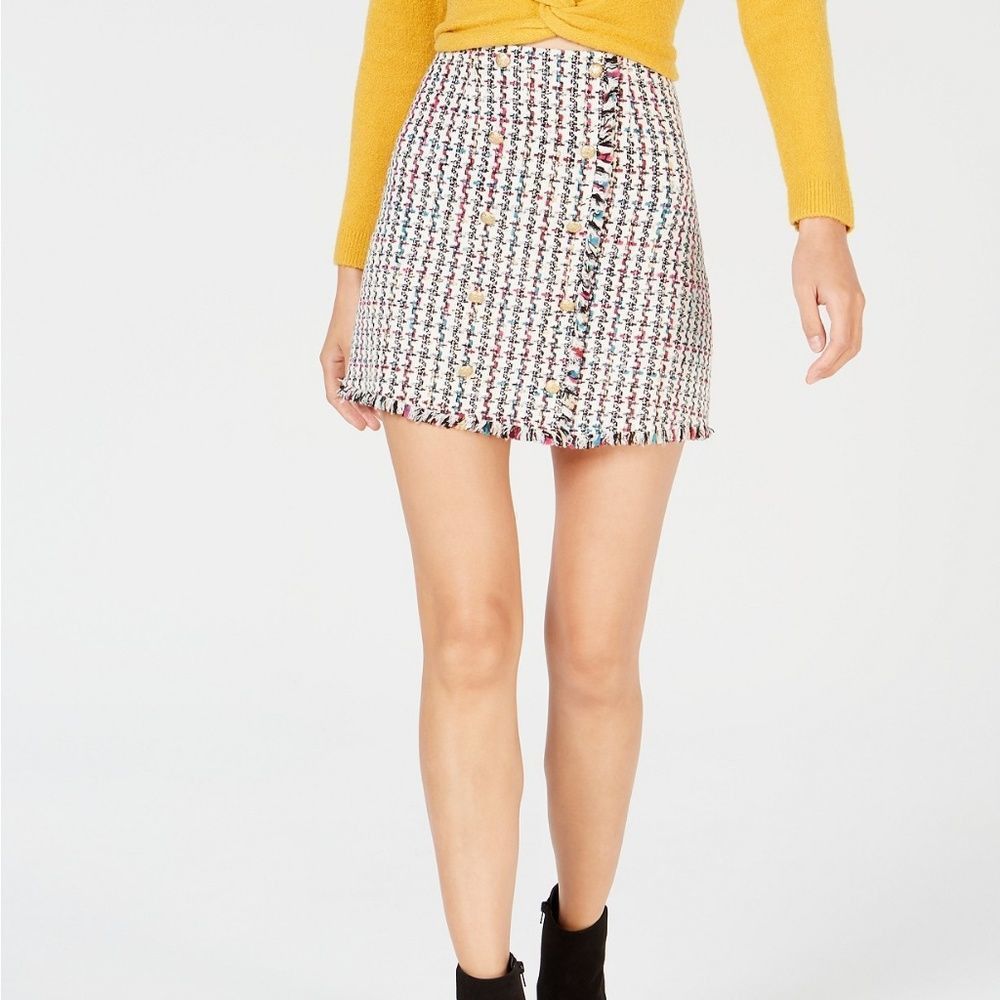 LEYDEN Faux Wrap Fringe Tweed Mini Skirt (Juniors)‎